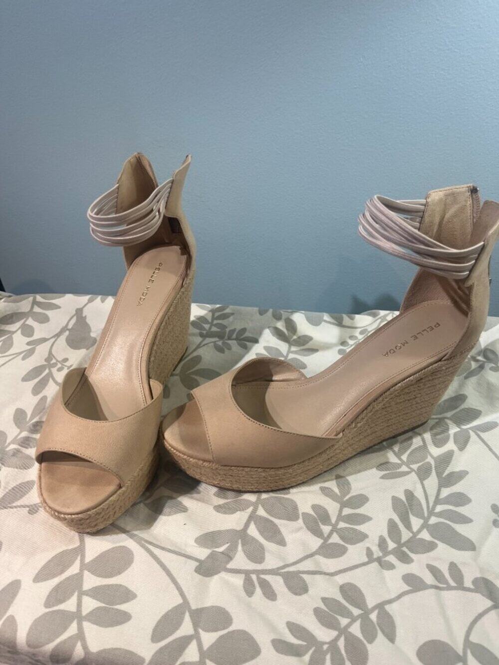 Summer dressy Nude Espadrille Platform Wedge Sandals Elastic Ankle Strap Sz 9.5